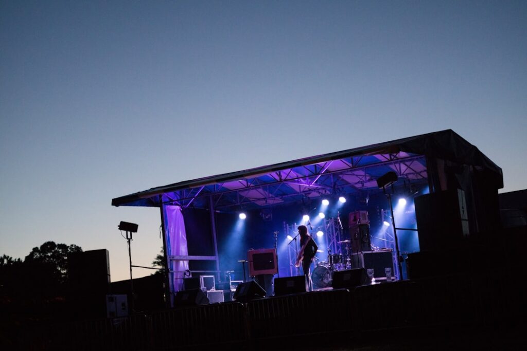 A rock singer playing during sunset