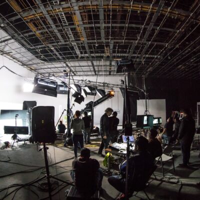 Film set studio photographed with fish eye lens