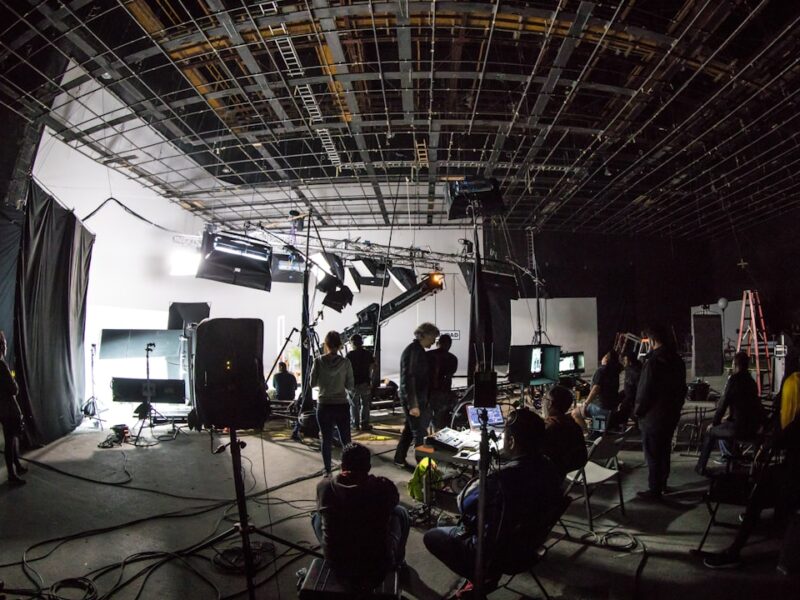 Film set studio photographed with fish eye lens