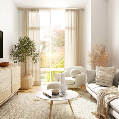 Fauteuil in een rustige woonkamer met warme, neutrale tinten