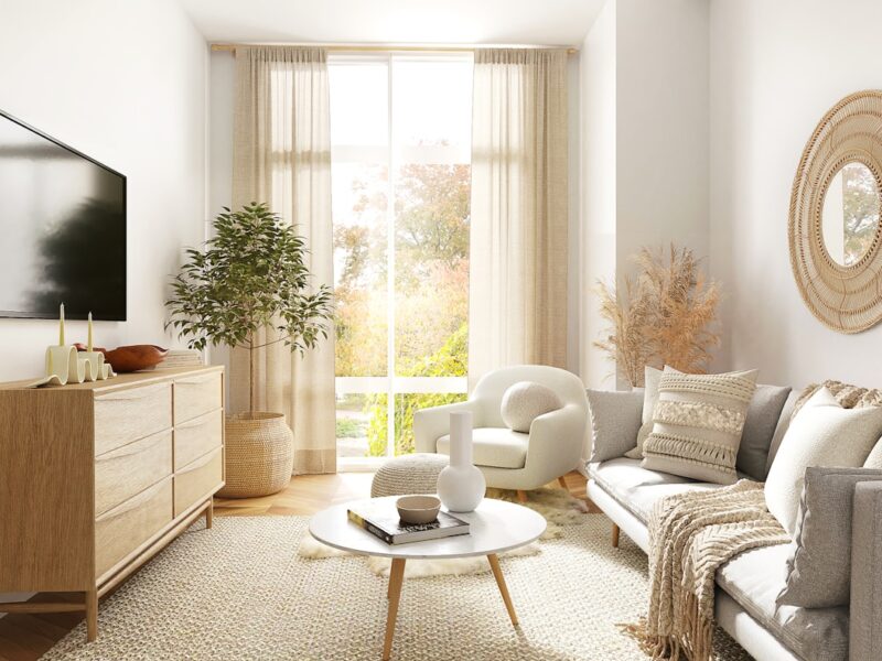 Fauteuil in een rustige woonkamer met warme, neutrale tinten