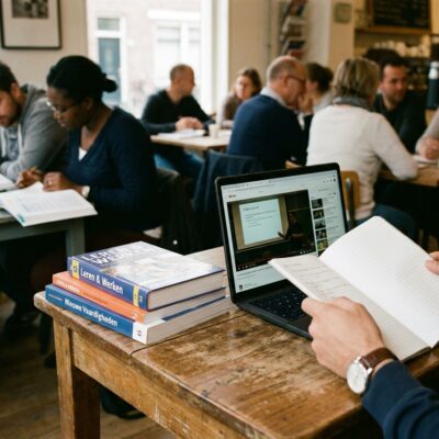 Volwassen cursist met laptop en aantekeningen aan een keukentafel op een herfstavond