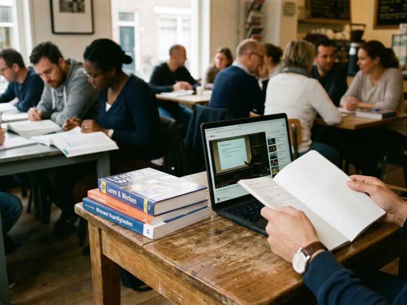 Volwassen cursist met laptop en aantekeningen aan een keukentafel op een herfstavond