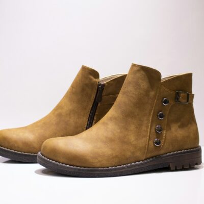 a close up of a pair of brown boots
