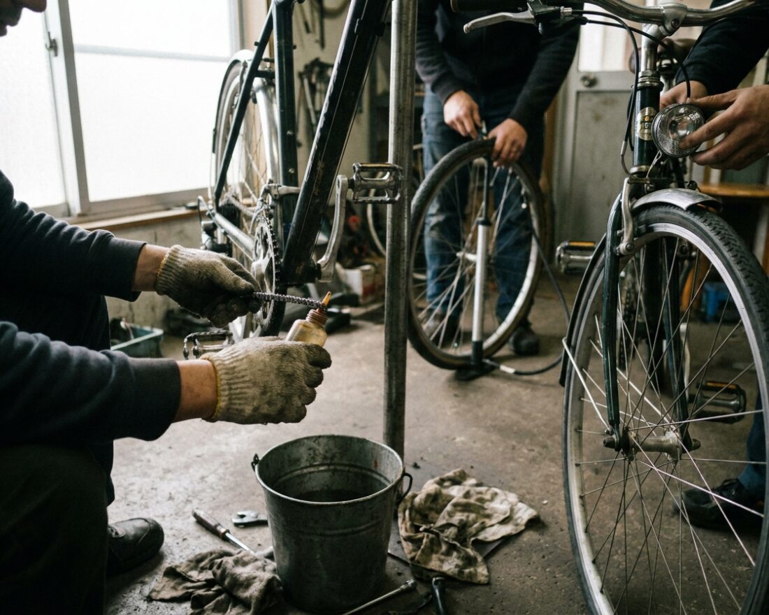 Fiets op de standaard in een schuur, met kettingolie, pomp en gereedschap ernaast