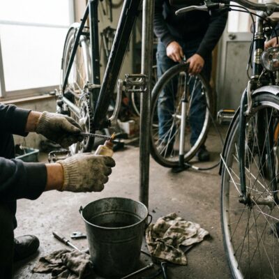 Fiets op de standaard in een schuur, met kettingolie, pomp en gereedschap ernaast