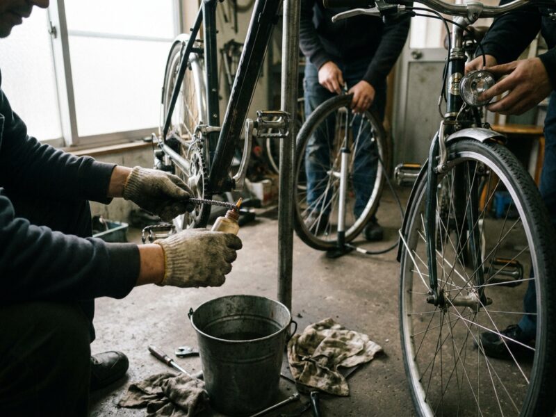 Fiets op de standaard in een schuur, met kettingolie, pomp en gereedschap ernaast