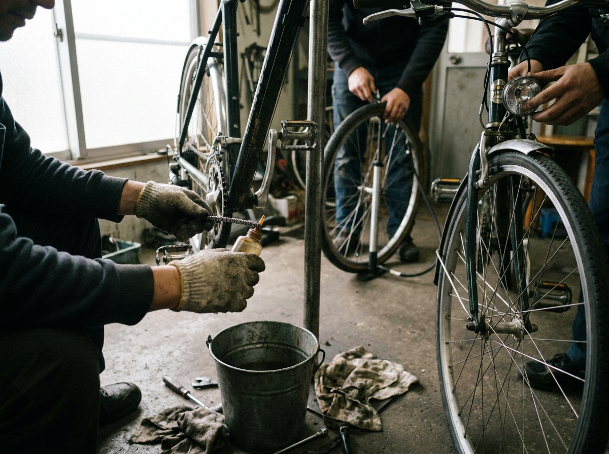 Fiets op de standaard in een schuur, met kettingolie, pomp en gereedschap ernaast