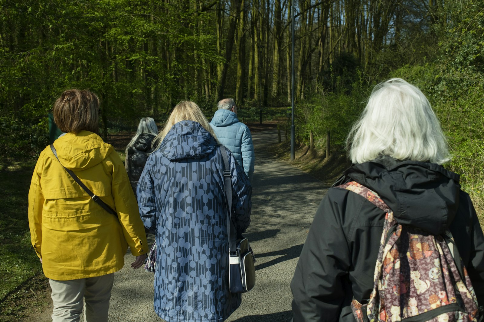 Groep volwassenen wandelt in sportkleding over een landweg