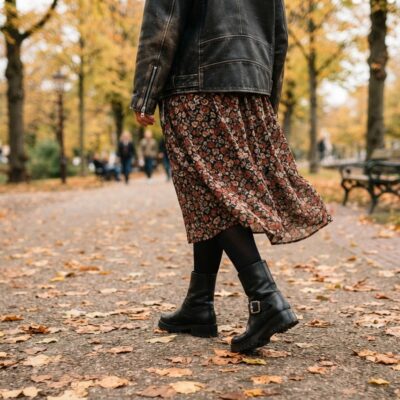 Vrouw in een gebloemde midijurk met zwarte maillot en korte biker boots met gespen in een herfstpark