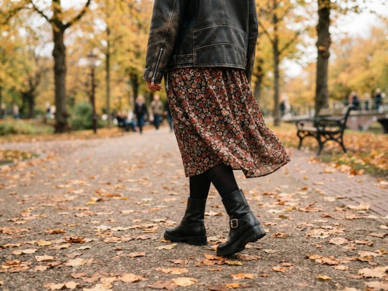 Vrouw in een gebloemde midijurk met zwarte maillot en korte biker boots met gespen in een herfstpark