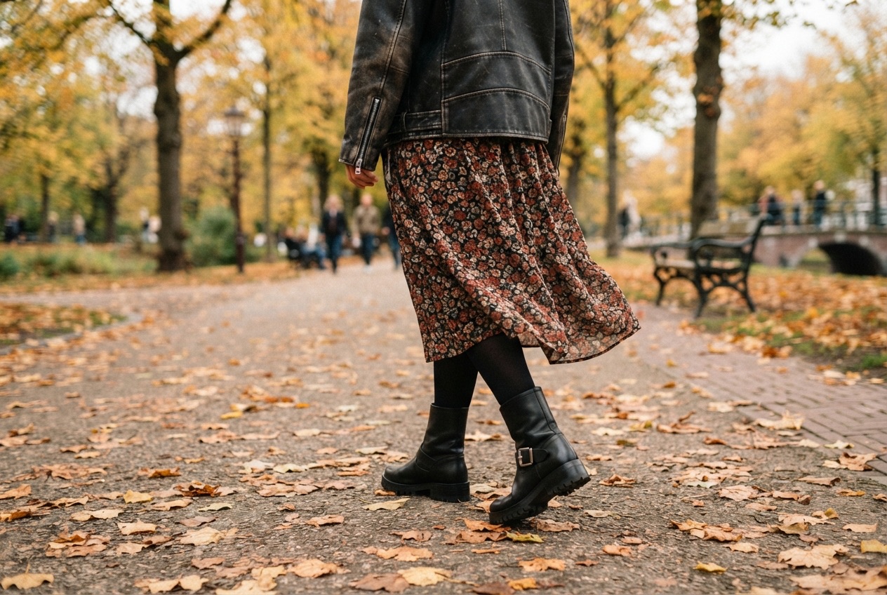 Vrouw in een gebloemde midijurk met zwarte maillot en korte biker boots met gespen in een herfstpark