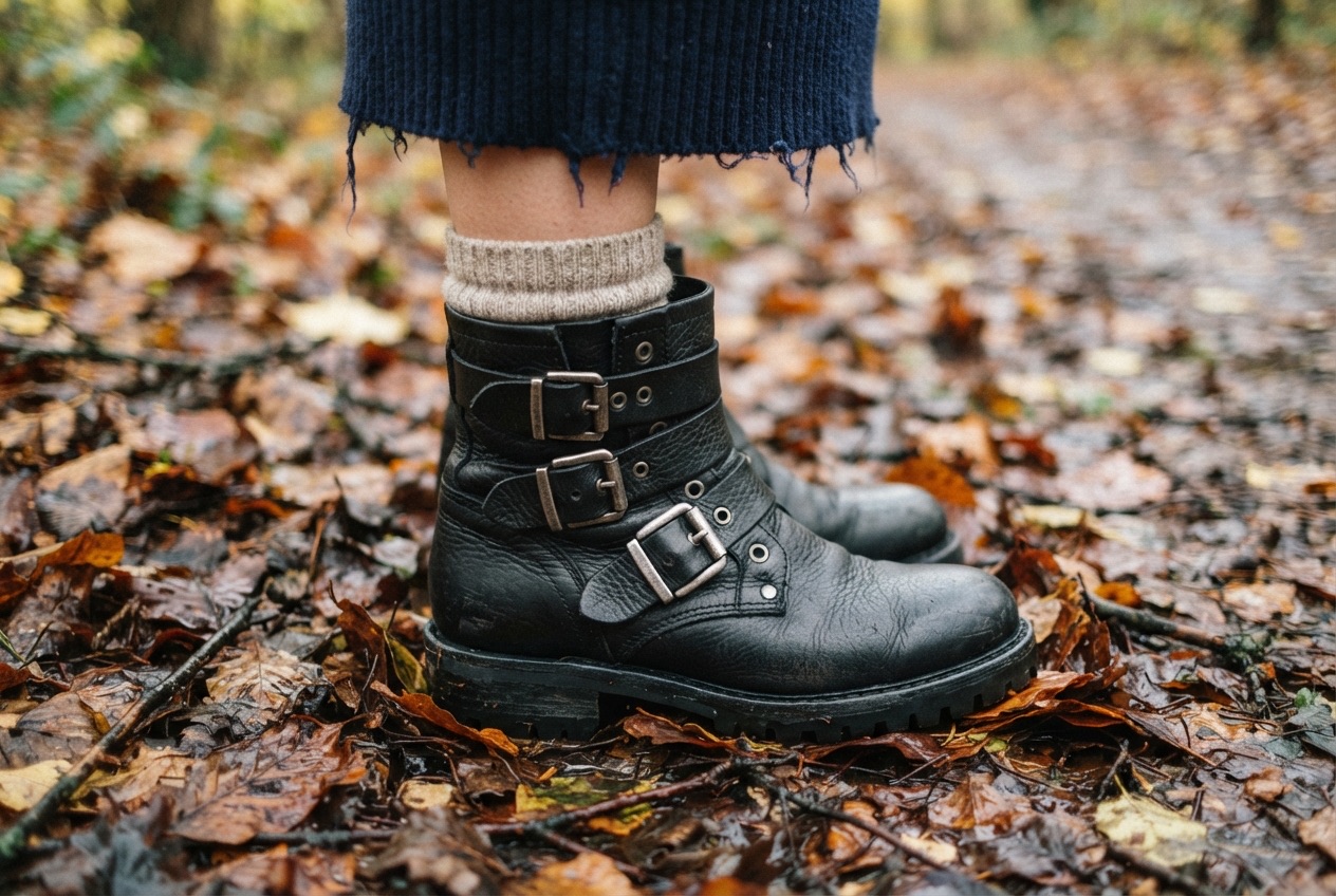 Detail van zwarte leren biker boots met drie gespen en een grove profielzool naast de zoom van een gebreide jurk