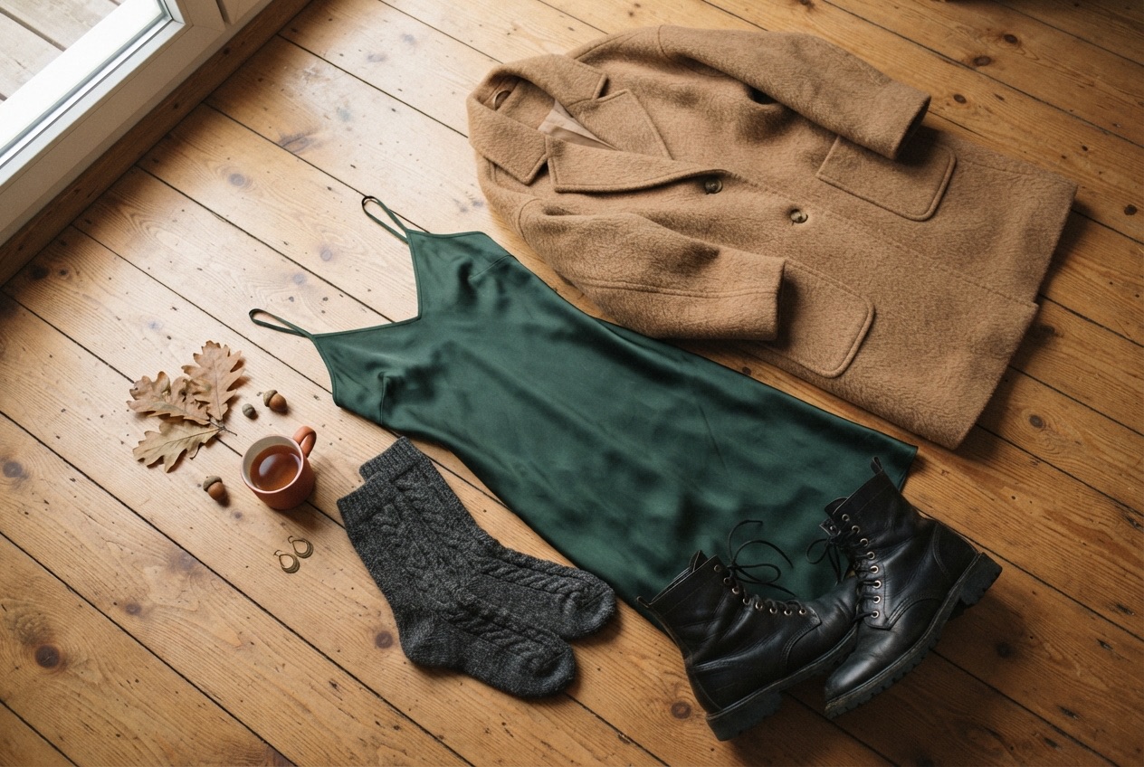 Satijnen slipdress, wollen sokken, veterboots en een wollen jas uitgestald op een houten vloer